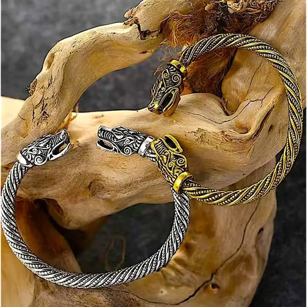 Gold Viking Wold Head Vintage Norse Arm Band Cuff Bangle Bracelet
